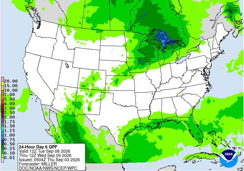 Rainfall accumulation map of the United States with varying green and blue color shading.