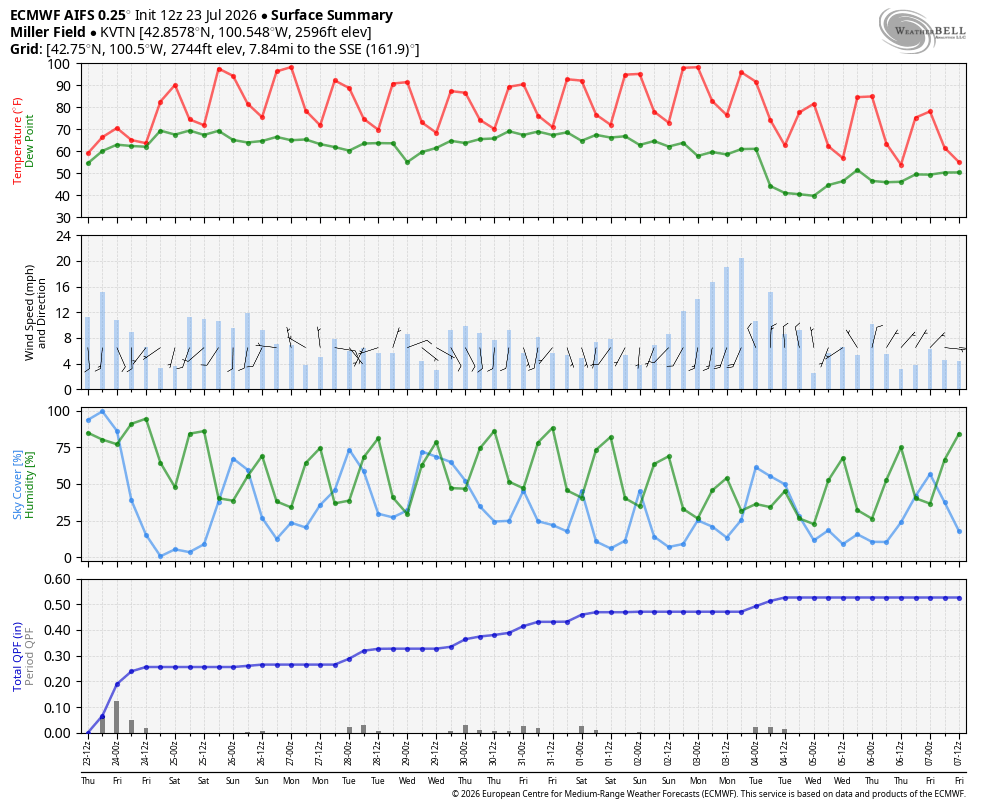 Temperature, wind speed, precipitation, and pressure trends in graph format for weather analysis.