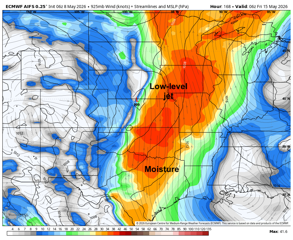 Color-coded weather map with jet stream, moisture zones, and wind patterns over central USA.