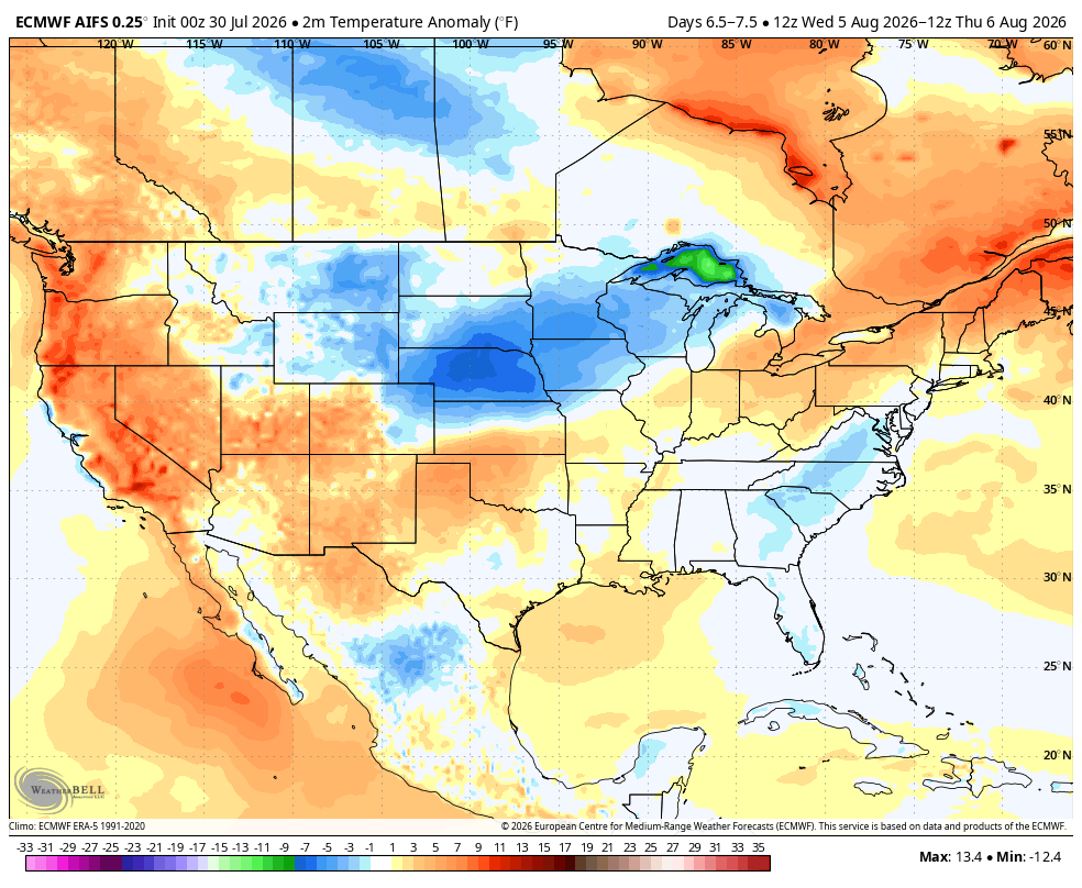 Weather map showing temperature anomalies in the U.S., with blue for cooler areas and orange for warmer areas.