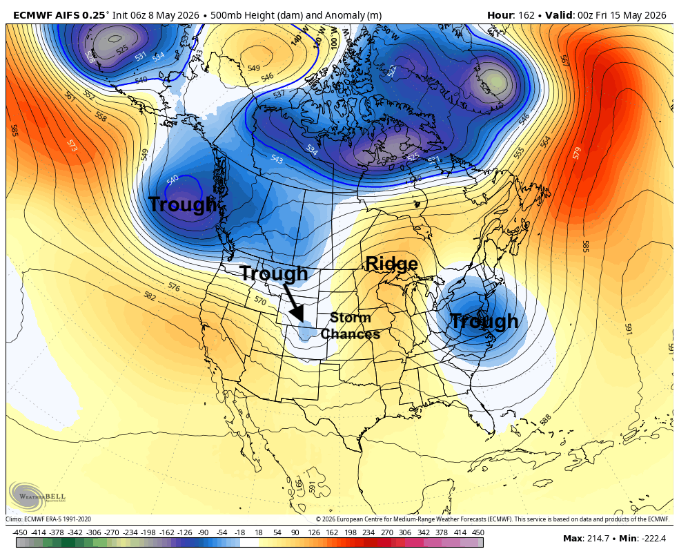 Weather map showing ridges, troughs, storm chances, and color gradients indicating temperature anomalies.
