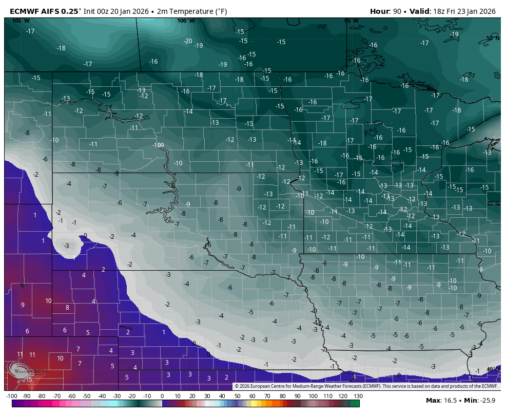 projected temperatures at noon on Friday