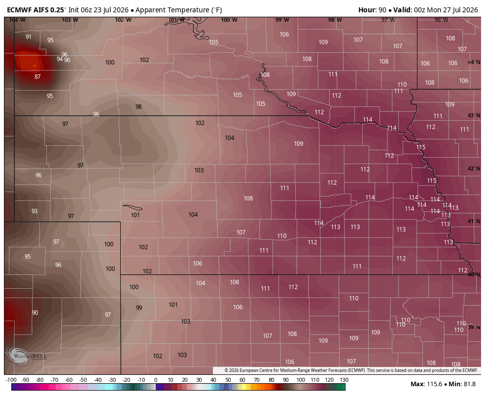 Heat map showing apparent temperatures in Fahrenheit across the central United States, ranging from 81°F to 115°F.