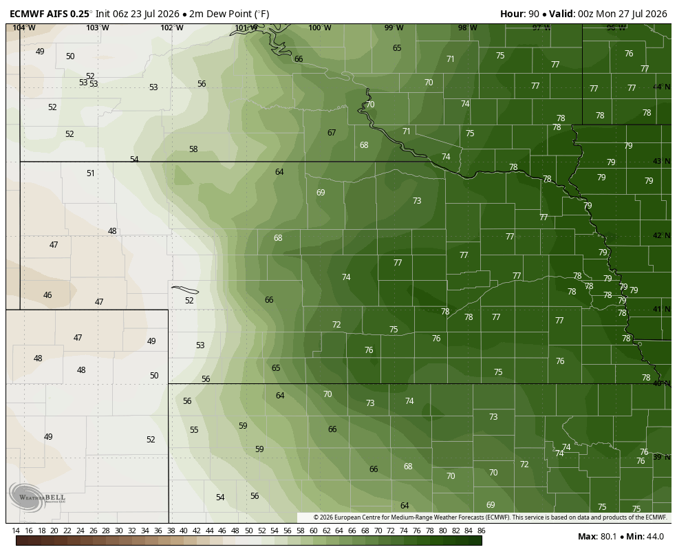Weather map showing dew point temperatures in varying shades of green across a geographic region.