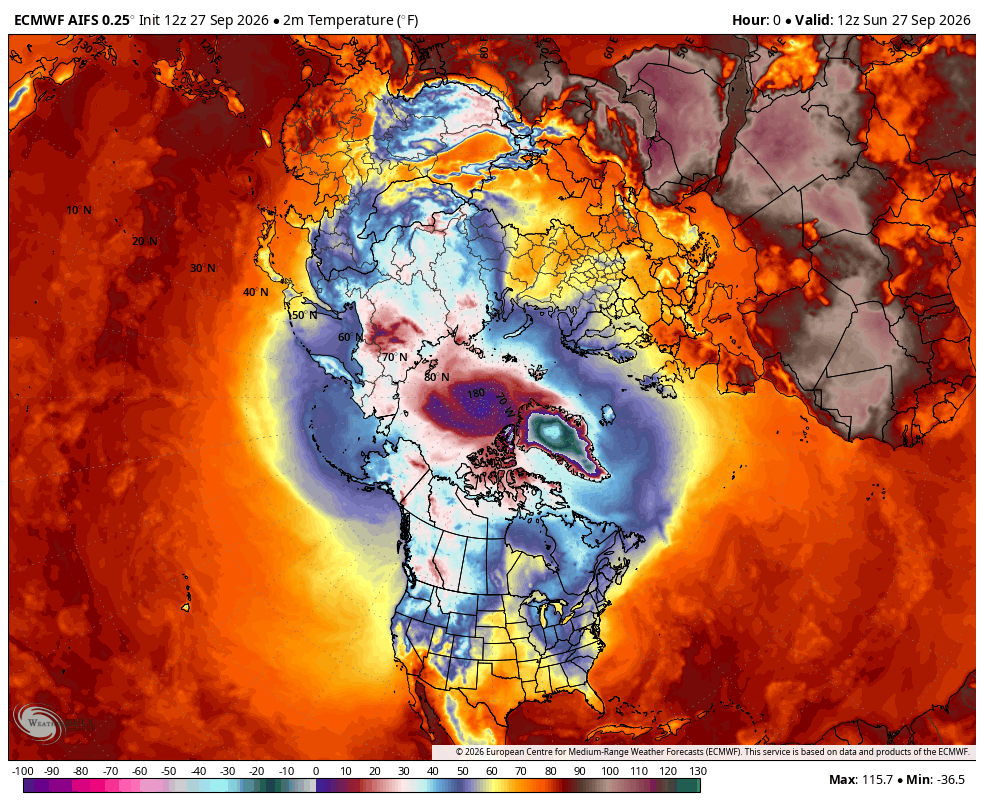 Global temperature map showing warm colors for high temperatures and cool colors for cold temperatures.