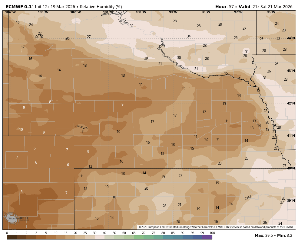 projected RH values on Saturday afternoon