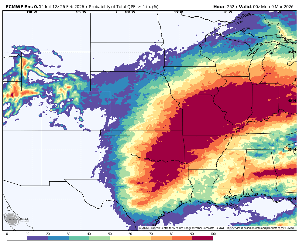 ECMWF ensemble probability of 1" or more of precipitation