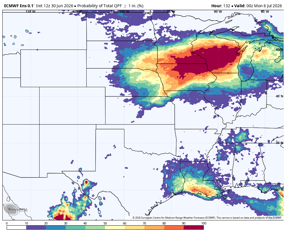 Weather map showing probabilities of heavy precipitation over the U.S., with red and purple indicating high risk.