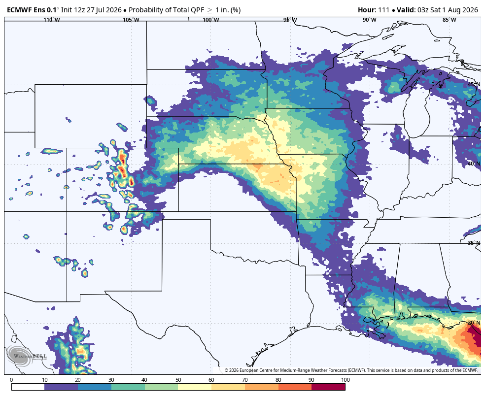 Weather map showing rainfall probability across the central United States, shaded in varying colors.