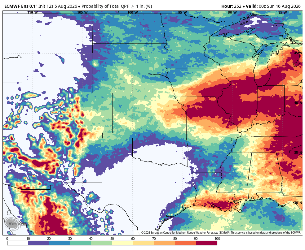Weather map showing rainfall probability across the central and western United States with color gradients.