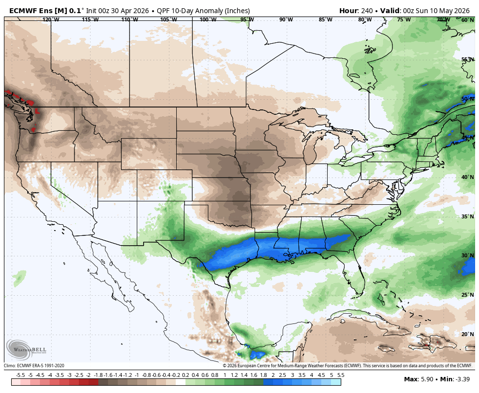 Map showing precipitation anomalies across the United States, with brown, green, and blue areas marking differences.