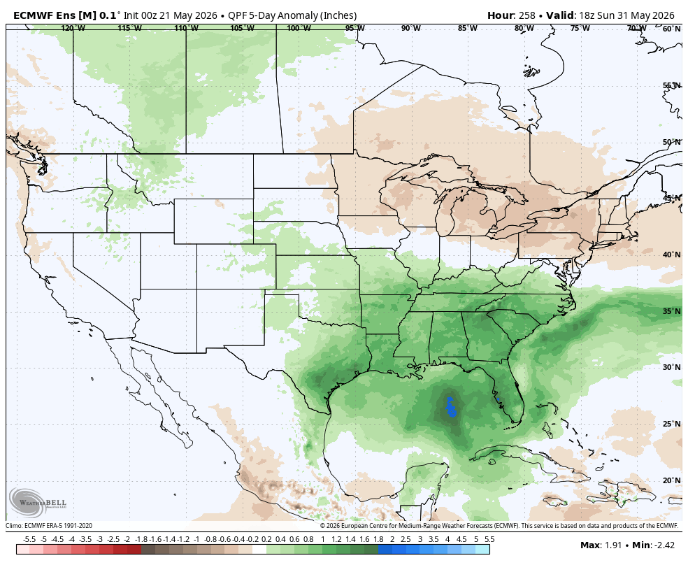 Weather map of the U.S. showing rainfall anomalies on May 31, 2026, with green and brown shading.