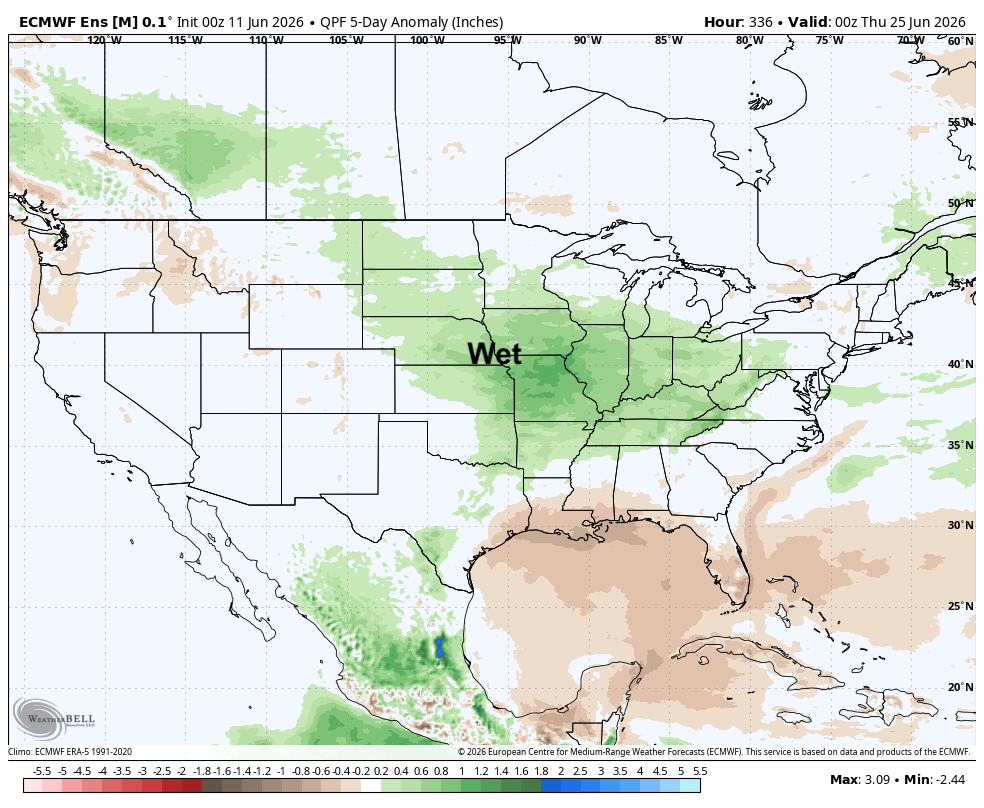 Map showing precipitation anomalies across the U.S., with green areas labeled "Wet" in central regions.