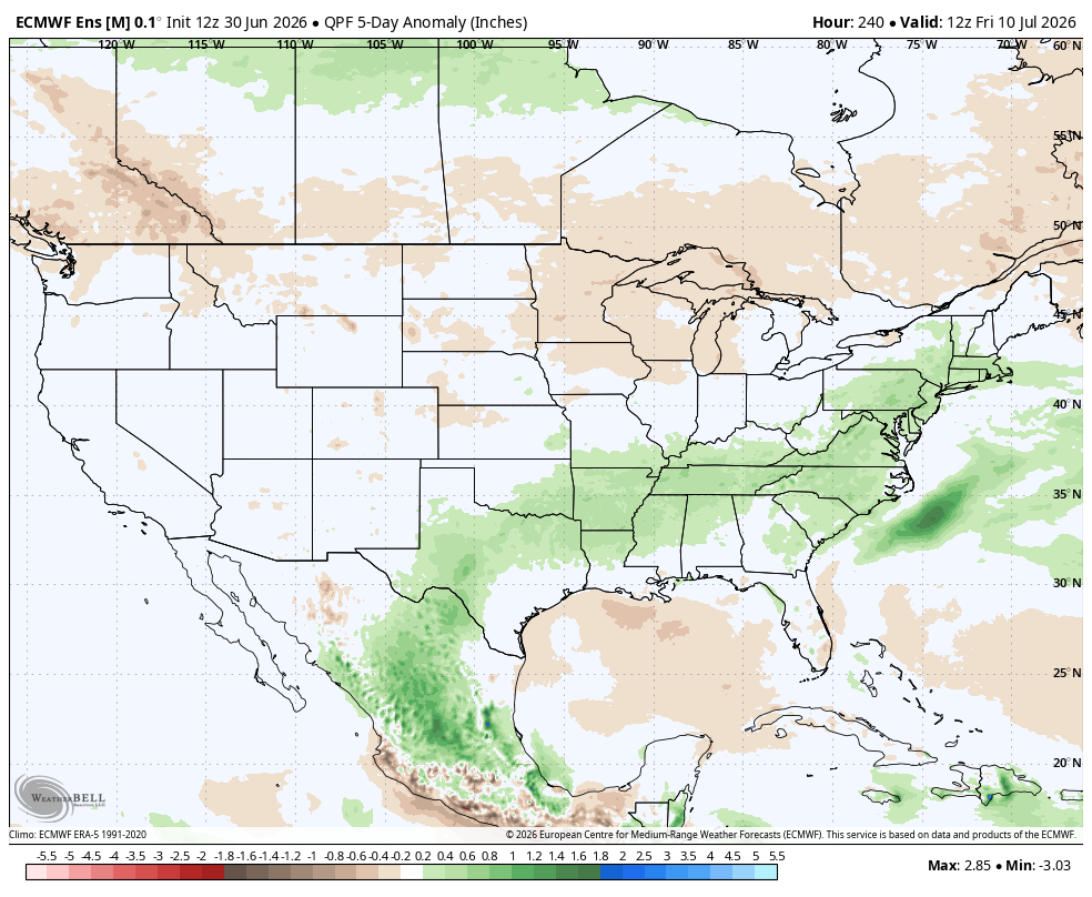 Weather map of the U.S. showing precipitation anomalies, with green areas indicating higher rainfall.
