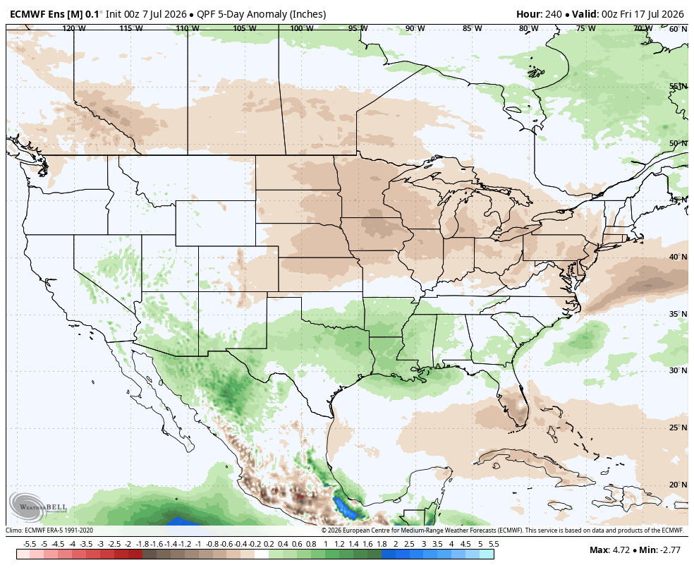 Weather map of the U.S. showing precipitation anomalies in green and brown hues for mid-July 2026.