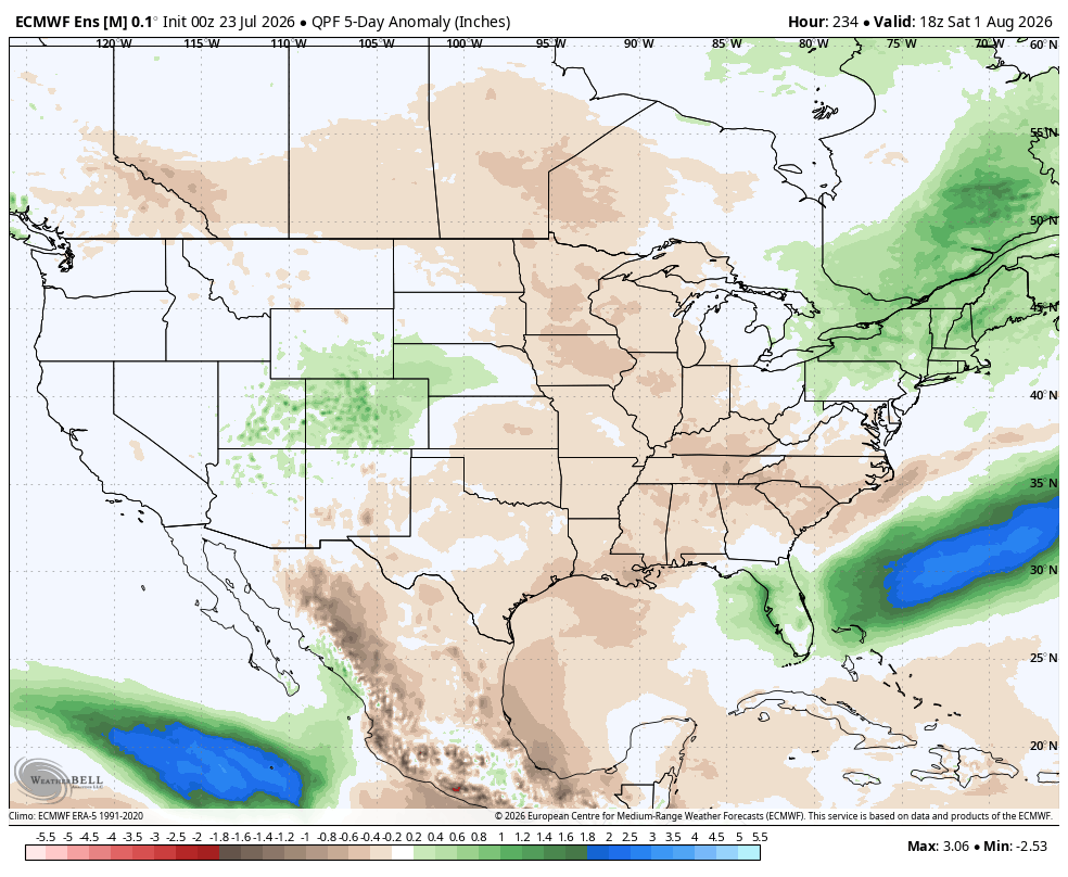Weather map of the United States showing 5-day precipitation anomalies with green and brown shading.