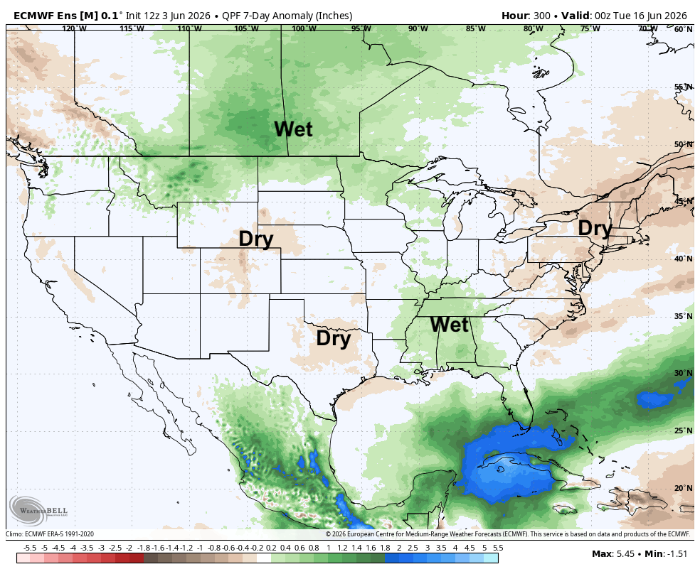 Weather map of the U.S. with labeled areas of "Wet" and "Dry" zones in green and brown shading.