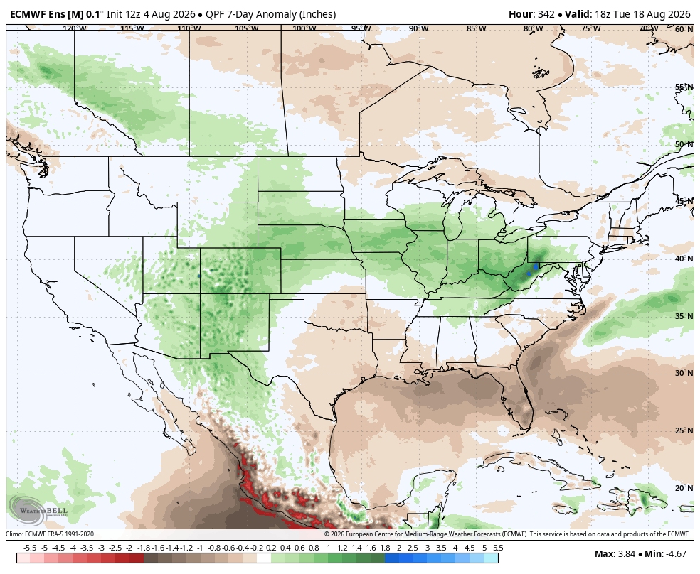 Map showing precipitation anomalies across the U.S., with green areas indicating higher-than-average rainfall.