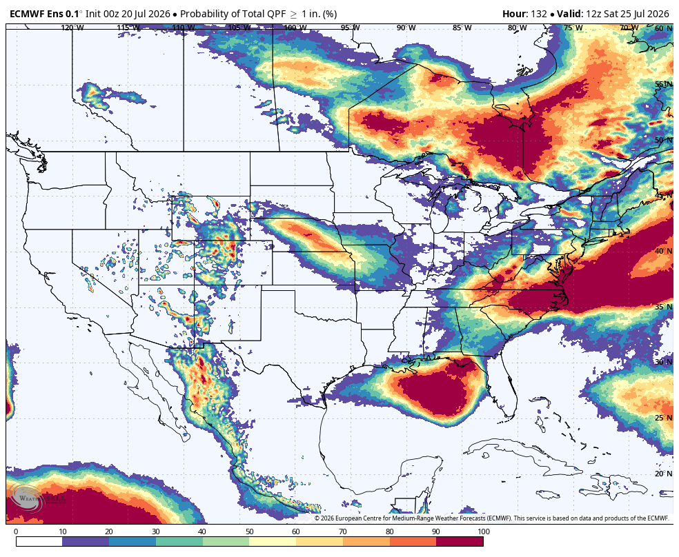 Weather map showing probability of heavy rainfall over the United States, with red indicating high chances.