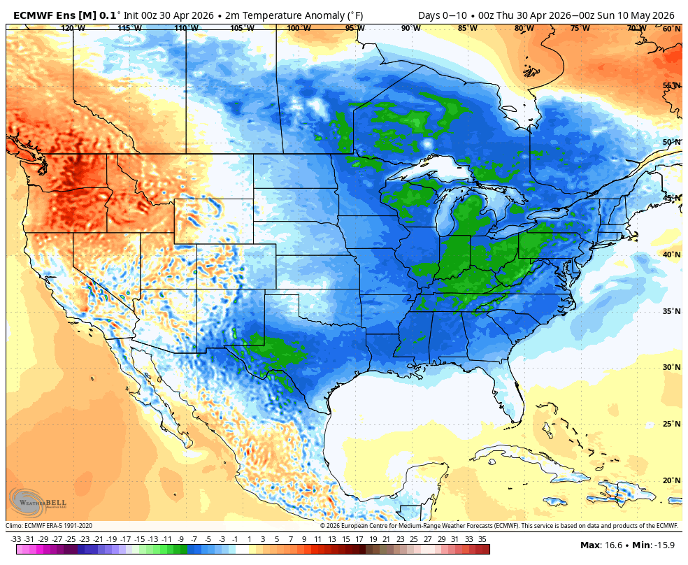 U.S. weather map showing temperature anomalies, with blue tones indicating cooler areas and red tones warmer regions