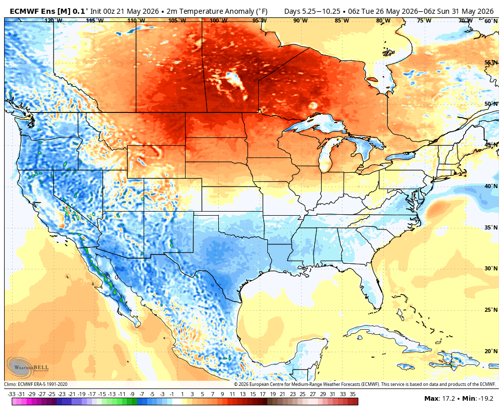 Temperature anomaly map of the U.S., showing red heat in the north and blue cold in the south.
