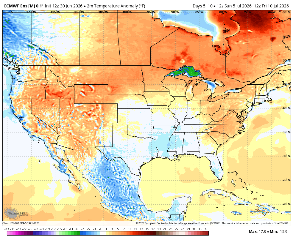 Heat map of U.S. showing temperature anomalies, with warmer tones in north and cooler tones in south.
