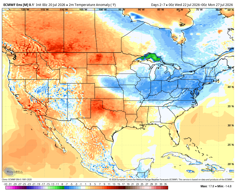 U.S. temperature anomaly map showing warmer temperatures in the west and cooler in the east.