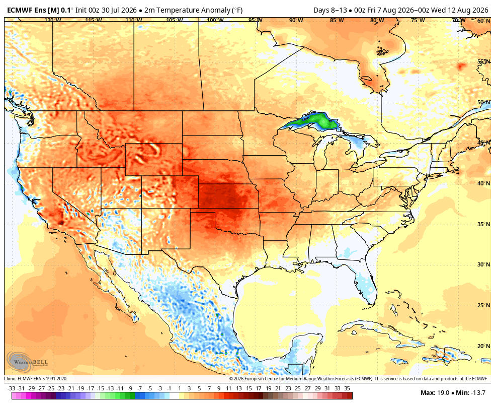 U.S. temperature anomaly map showing above-average heat in red and below-average cold in blue.