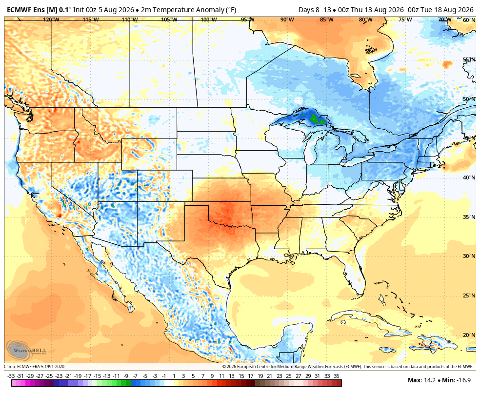 Temperature anomaly map of the U.S. showing warmer-than-average areas in red and cooler areas in blue.