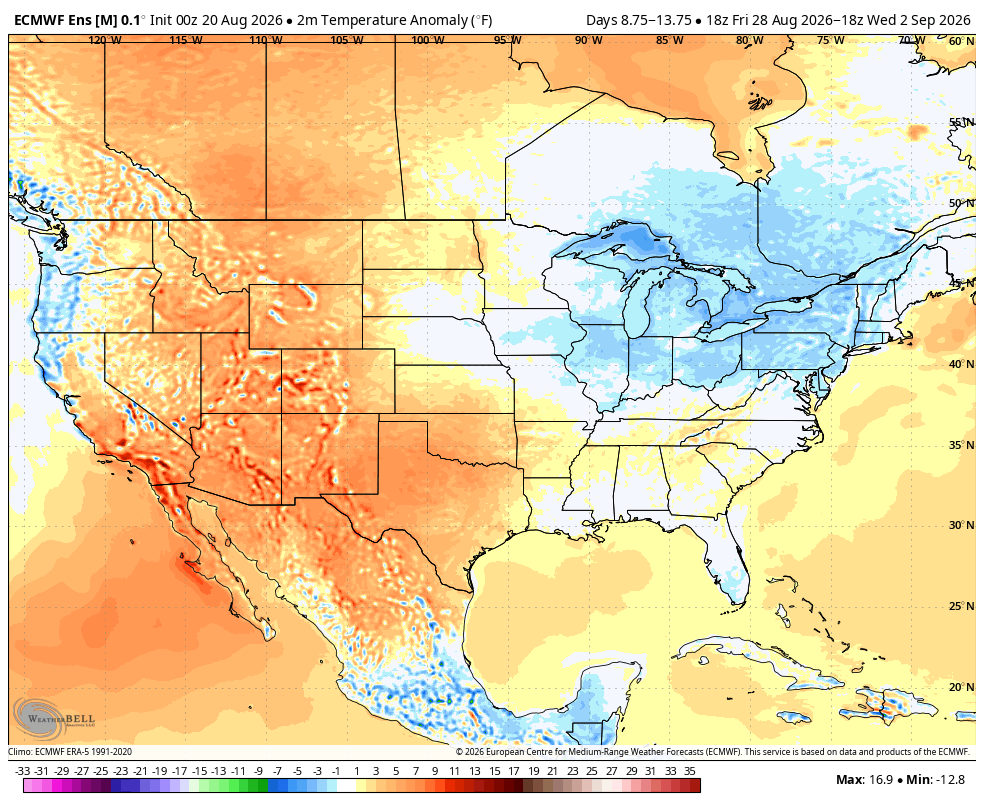Temperature anomaly map of the U.S. showing warmer conditions in the West and cooler in the East.