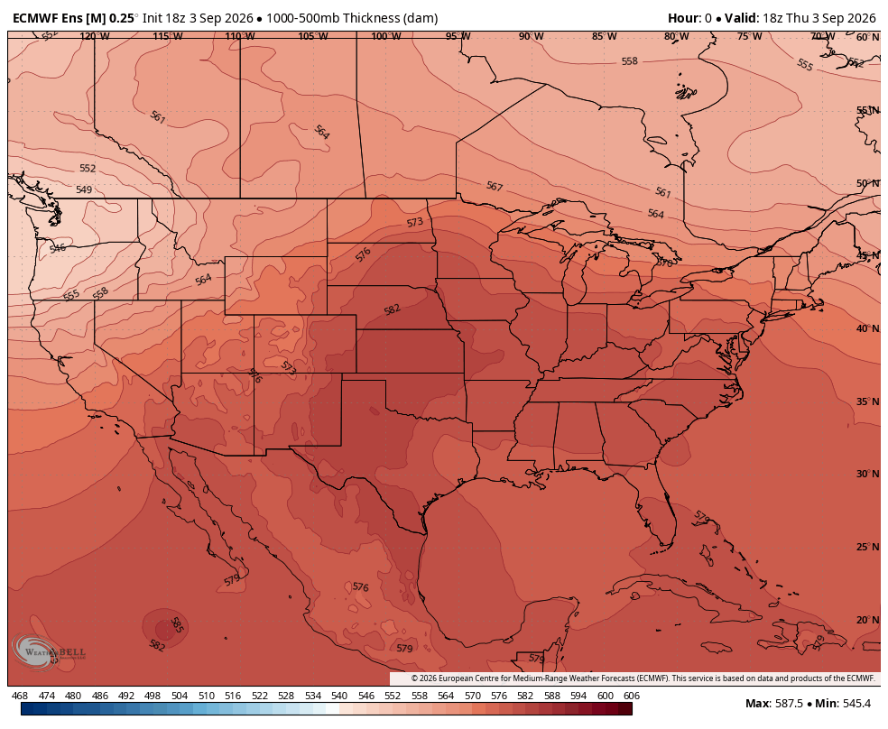 Weather map of the U.S. with red hues indicating high atmospheric thickness levels.