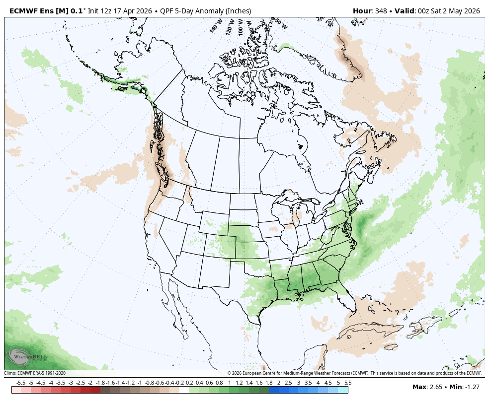 Precipitation anomaly map of North America with varying green and brown shaded areas.