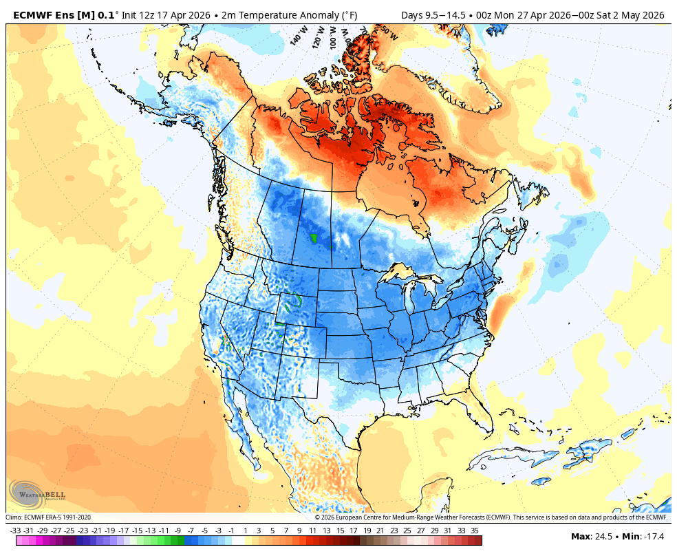 Climate map of North America showing temperature anomalies; red for warm and blue for cold regions.