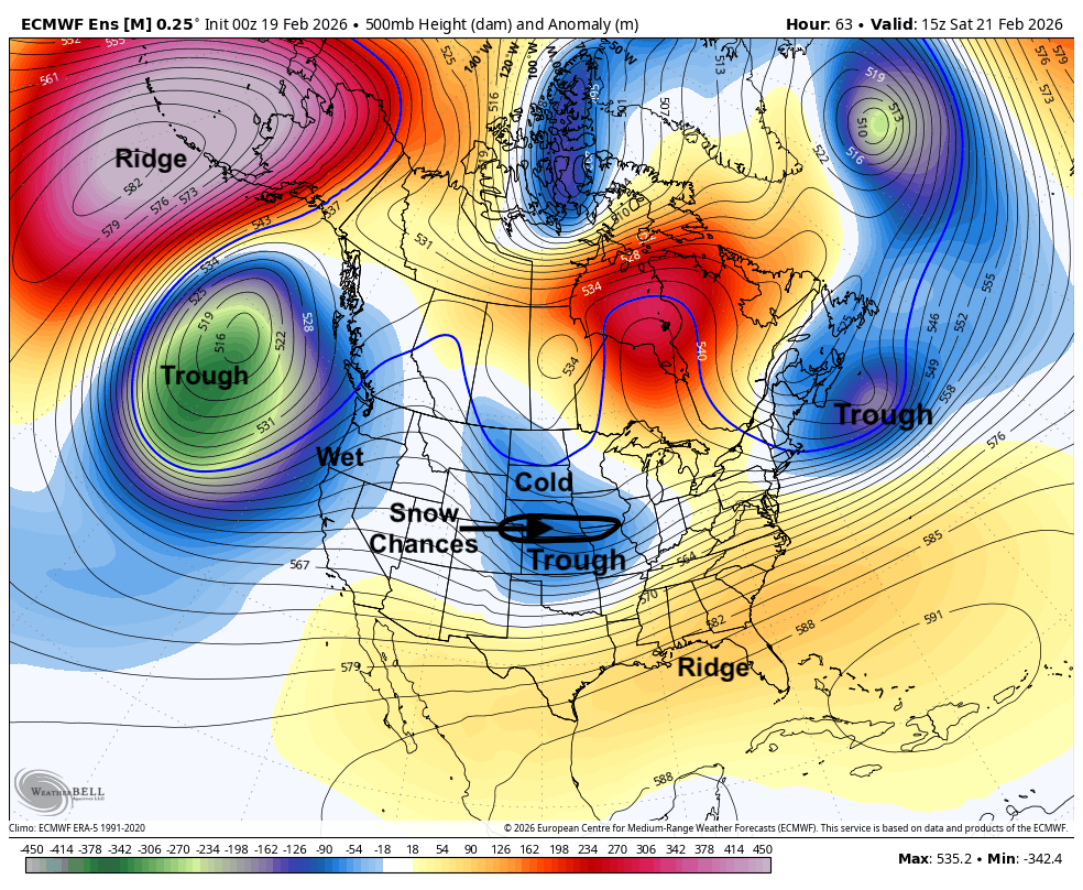 500-mb height anomalies on Saturday