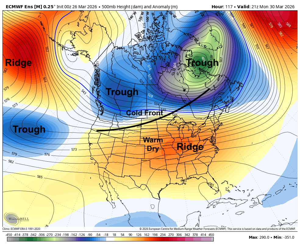 Projected 500-mb heights on Monday