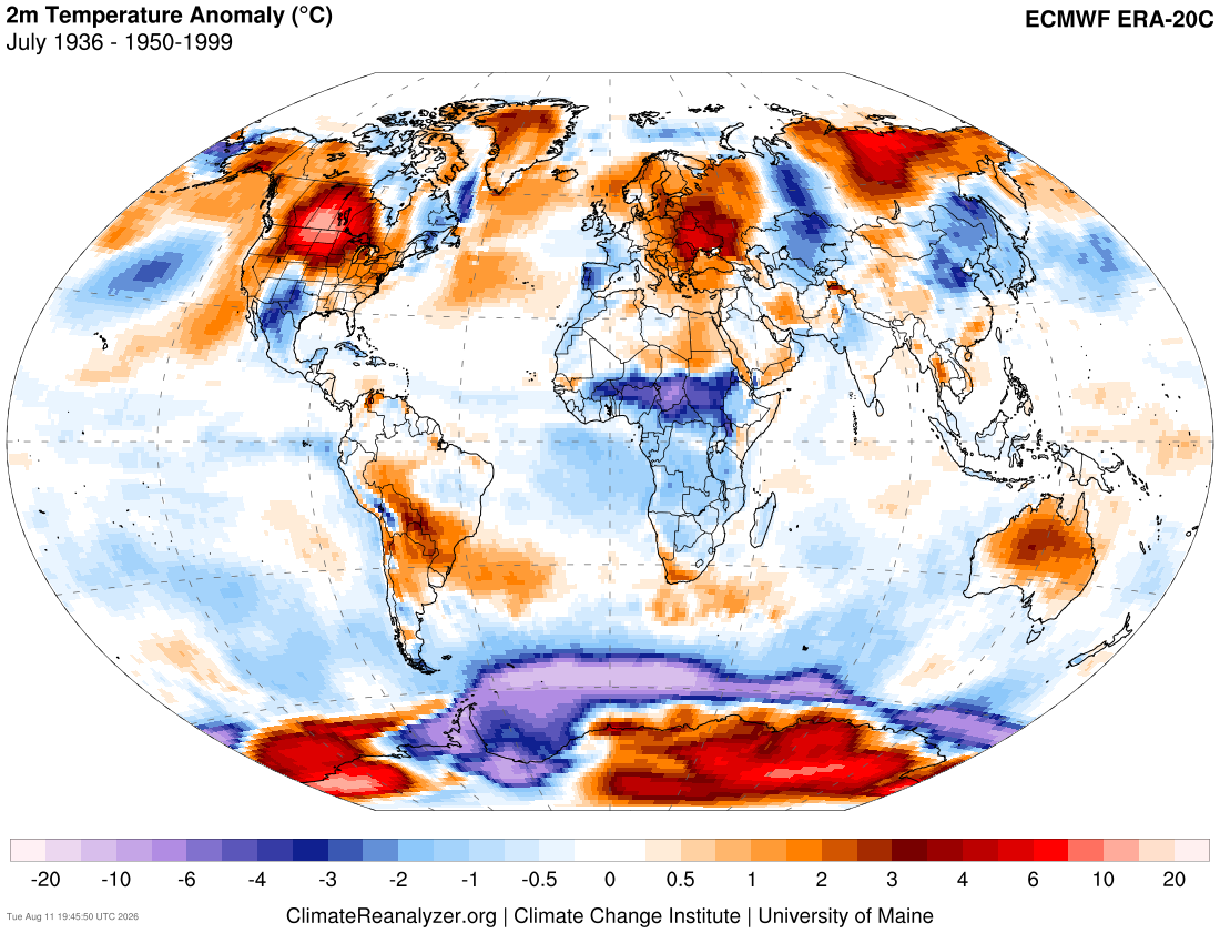Global temperature anomalies map, July 1936, with warm areas in red and cool areas in blue.