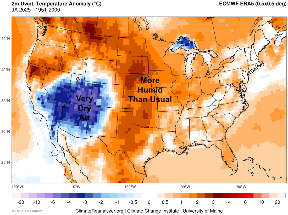Dewpoint anomaly map of the U.S. showing dry air in the Southwest and humid conditions in the Midwest.
