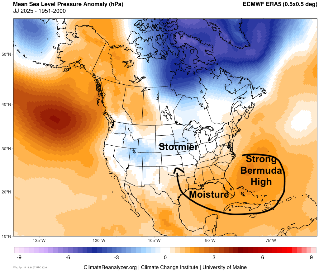 Weather map showing pressure anomalies in North America, with stormier and moist regions labeled.