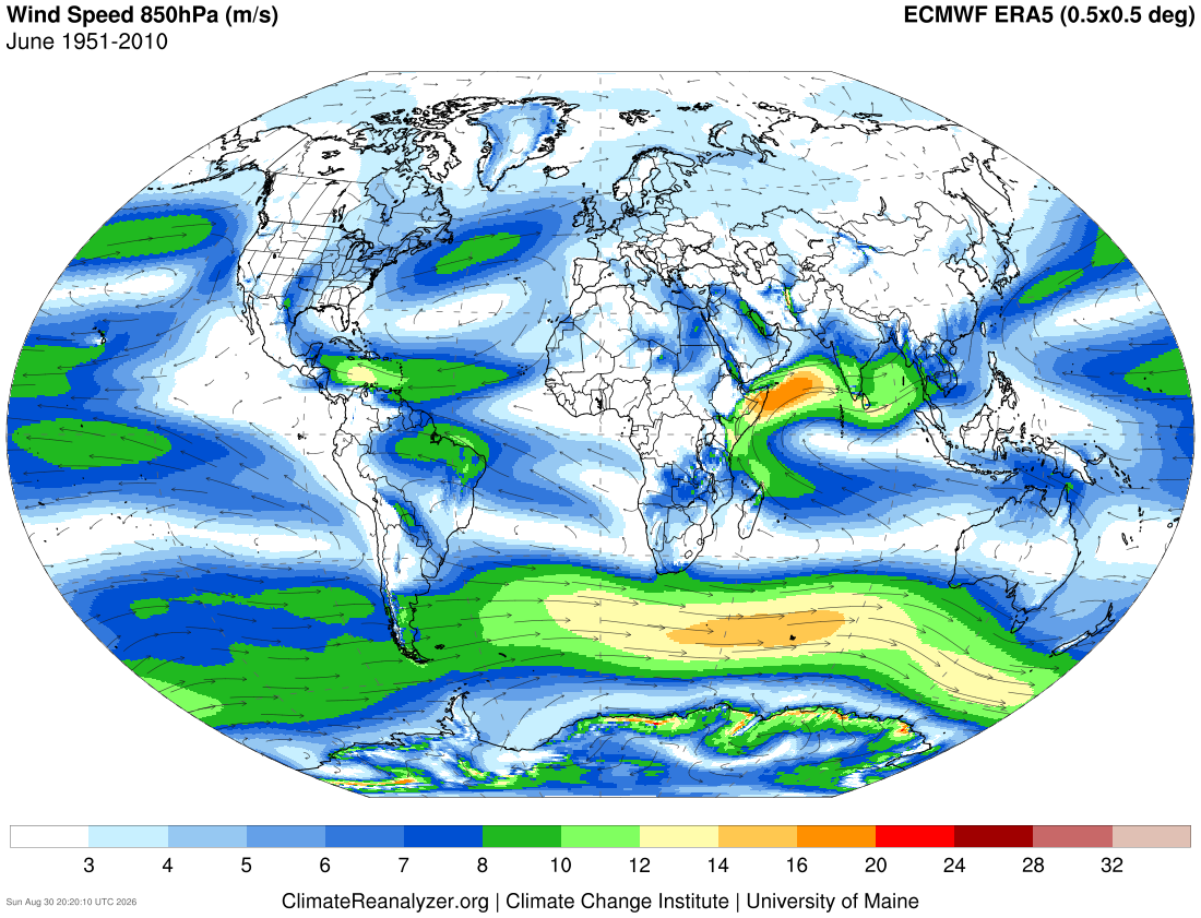 Global wind speed map at 850 hPa, with colors representing varying speeds from blue to red.