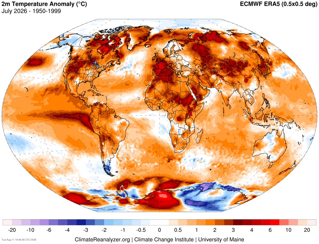 Global map showing temperature anomalies for July 2026 compared to 1950-1999 baseline.