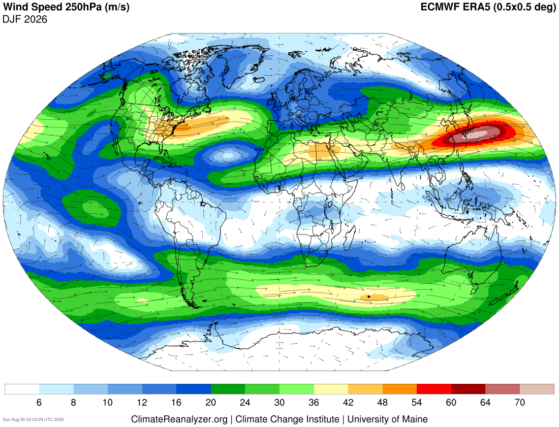 Global wind speed map at 250 hPa, color-coded with varying intensities of blue, green, and red.