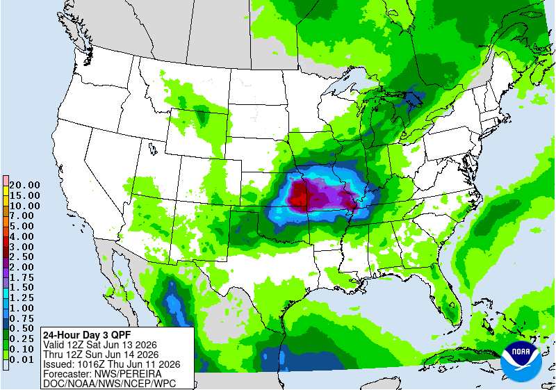 Weather map of the U.S. indicating rainfall accumulation, with heavy rain in central regions.