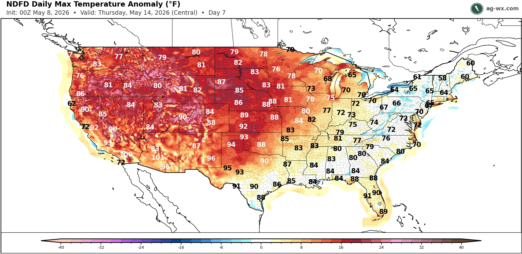Heat map of U.S. showing warmer anomalies in the west and cooler anomalies in the east.