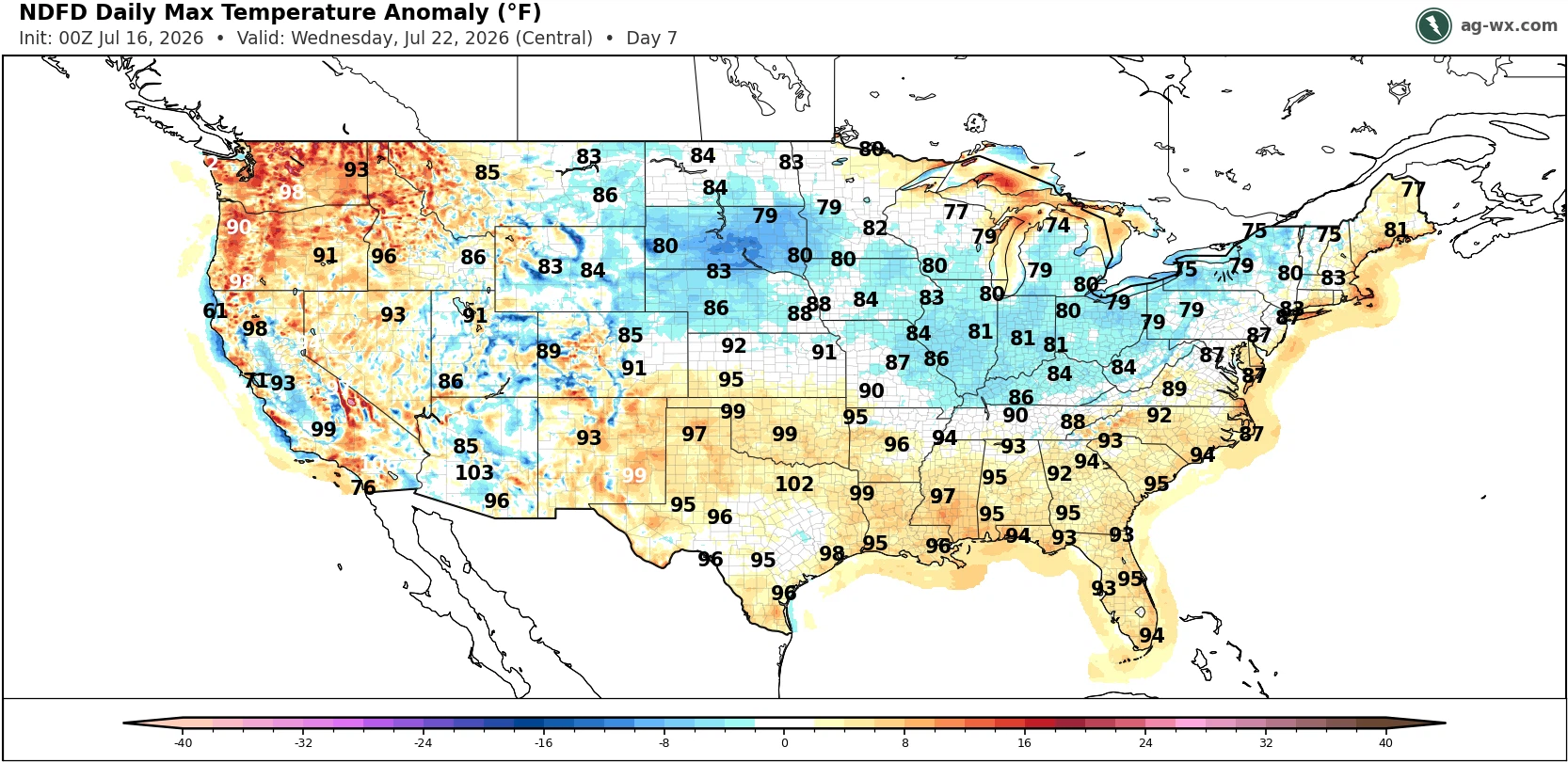 U.S. map showing daily max temperature anomalies, with red for warmer and blue for cooler areas.