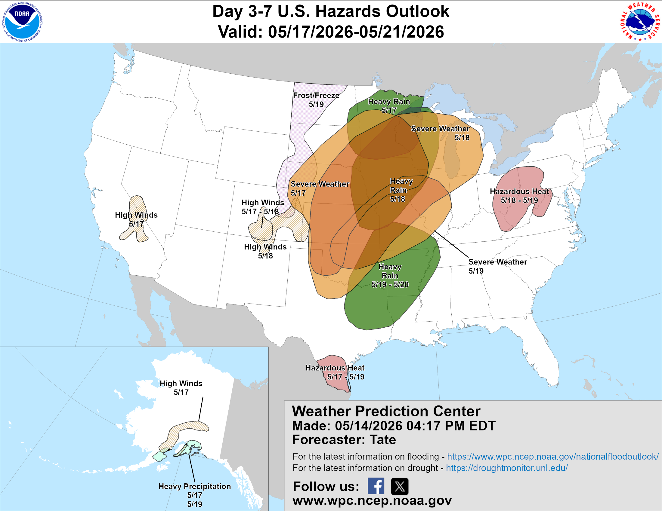 Map showing U.S. weather hazards with severe weather highlighted in central regions, valid May 17-21, 2026.