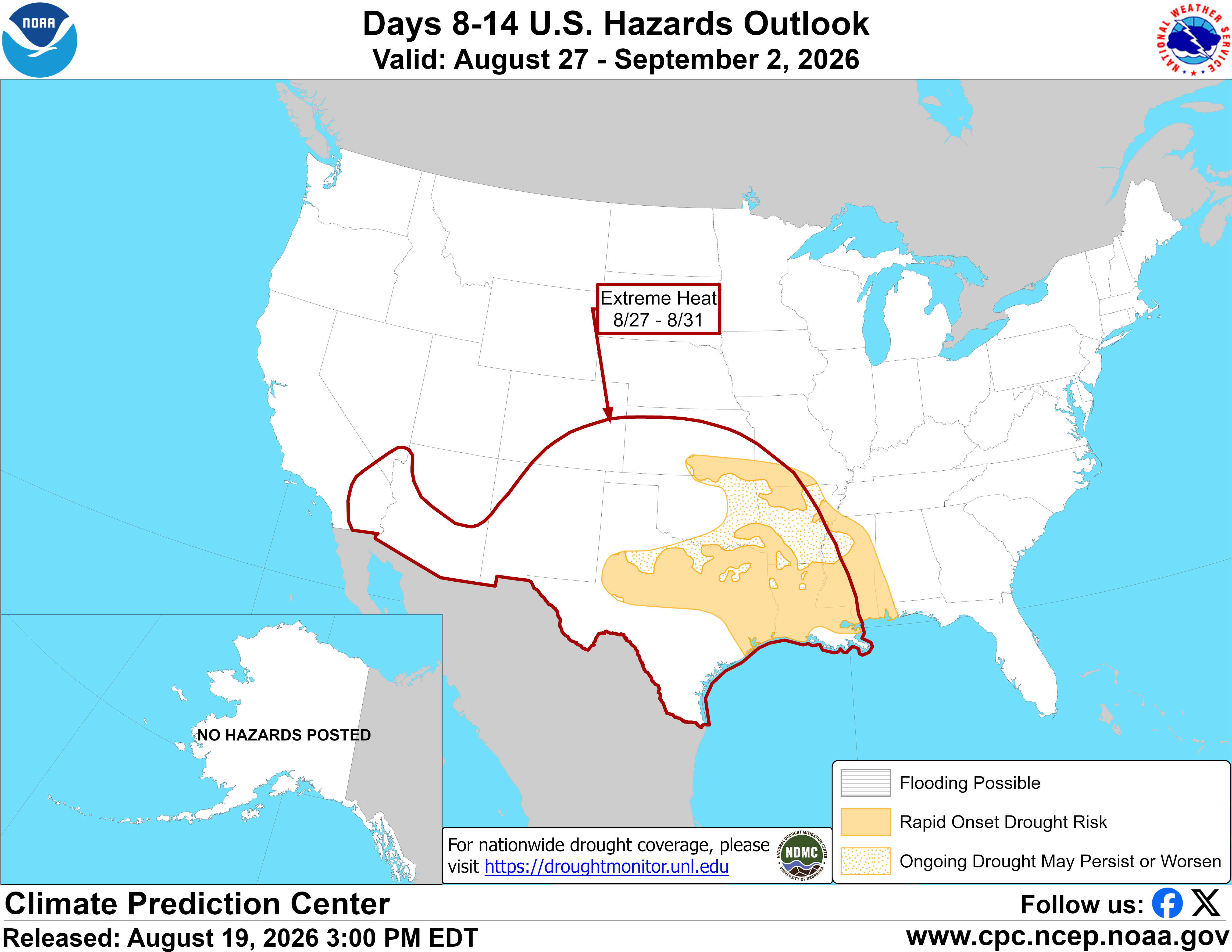 Days 8-14 U.S. hazards outlook map showing extreme heat and drought risks in southern regions.