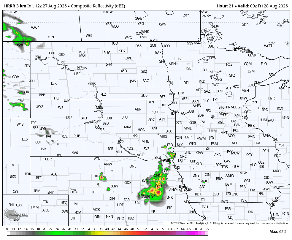 Weather map showing storm cells and reflectivity across the Midwest with color-coded intensity.