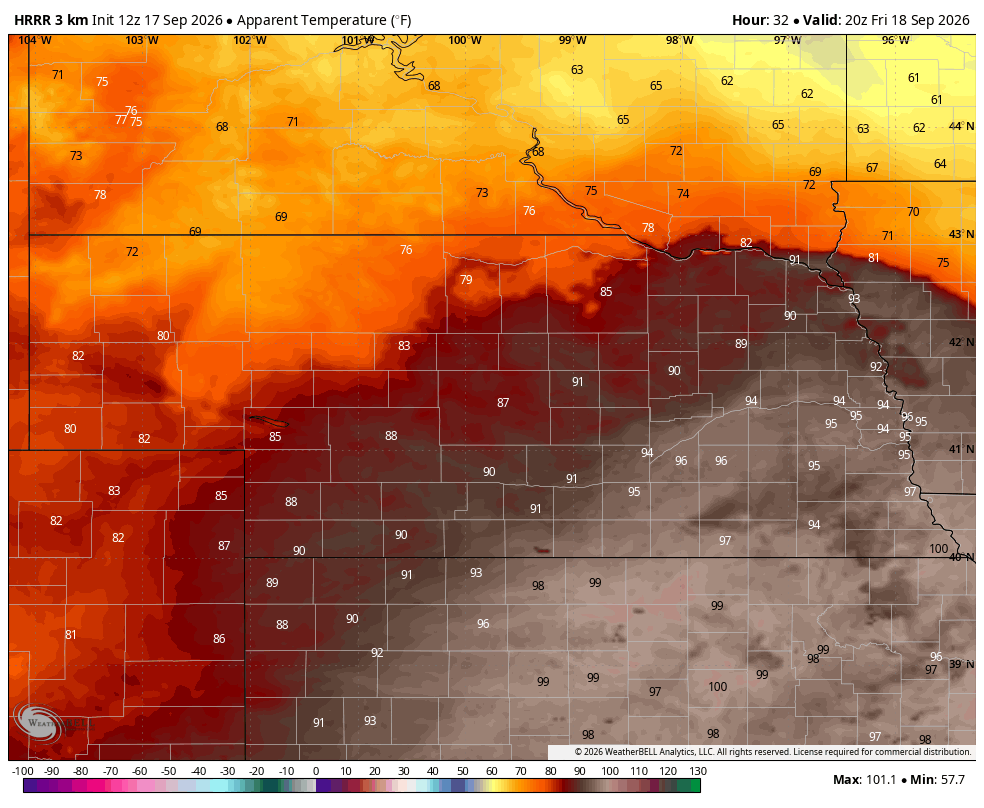 Heat map showing apparent temperatures in Fahrenheit across a region ranging from 57°F to 101°F.