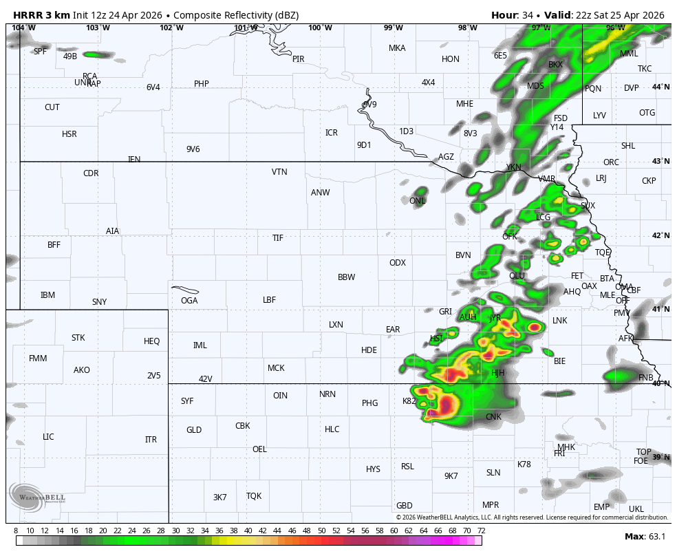Weather radar map showing moderate to severe storm activity in green, yellow, and red across the central U.S.