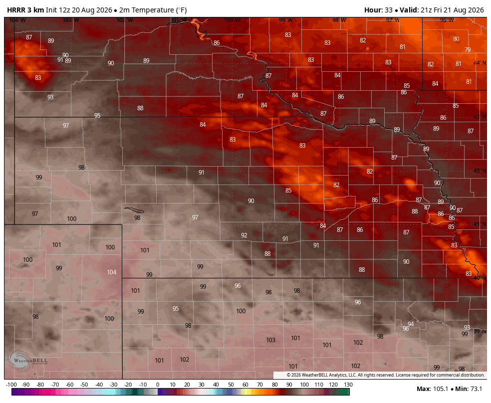 Heat map displaying regional temperature variations with warmer areas in red and cooler areas in gray.